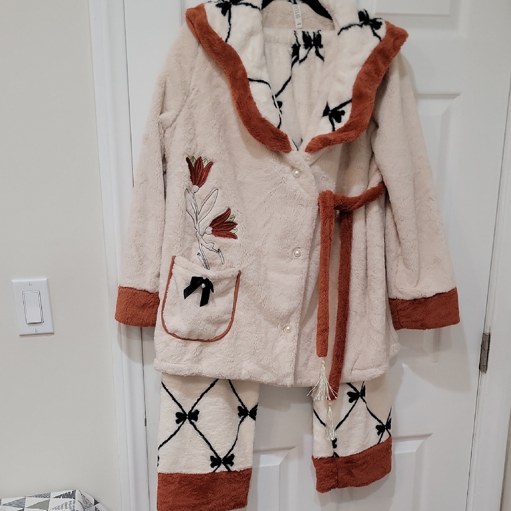 Warm Cozy Pajamas with Floral Embroidery